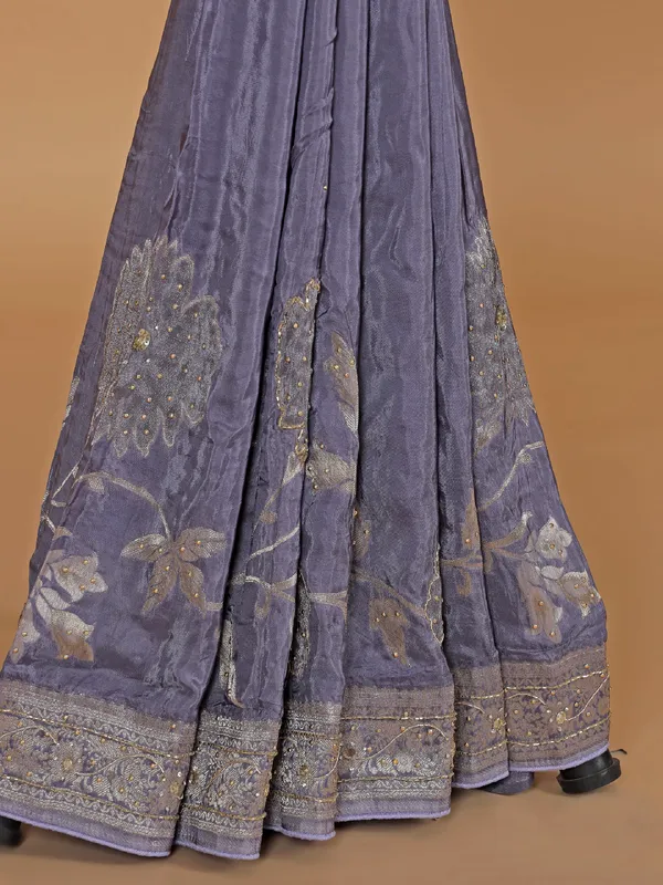 Pastel purple zari worked wedding dola silk saree