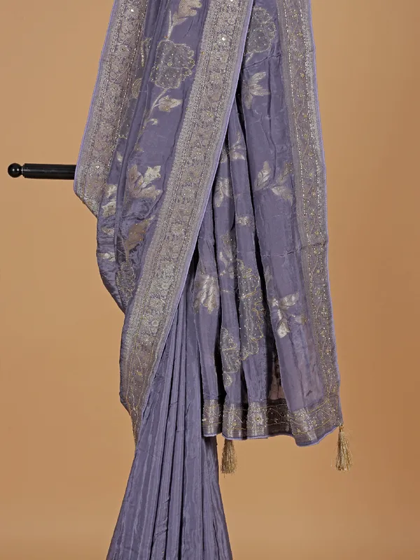 Pastel purple zari worked wedding dola silk saree