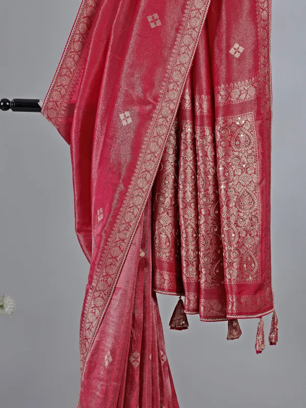 Pastel red dola silk saree with zari sparkle