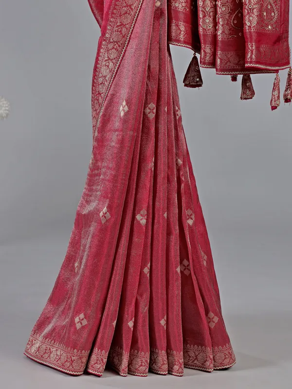 Pastel red dola silk saree with zari sparkle