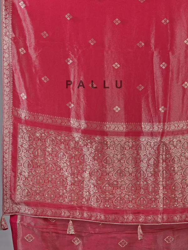 Pastel red dola silk saree with zari sparkle