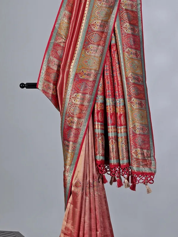 Pastel red dola tissue silk saree with contrast border