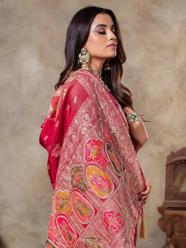 Pastel red tissue silk saree for wedding