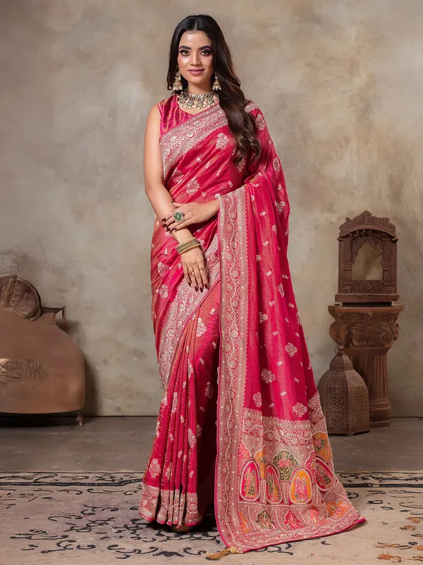 Pastel red tissue silk saree for wedding