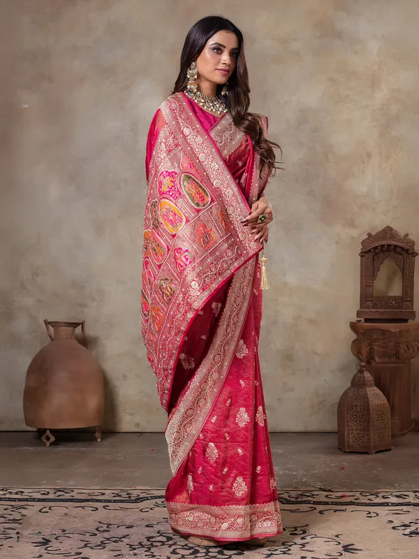 Pastel red tissue silk saree for wedding