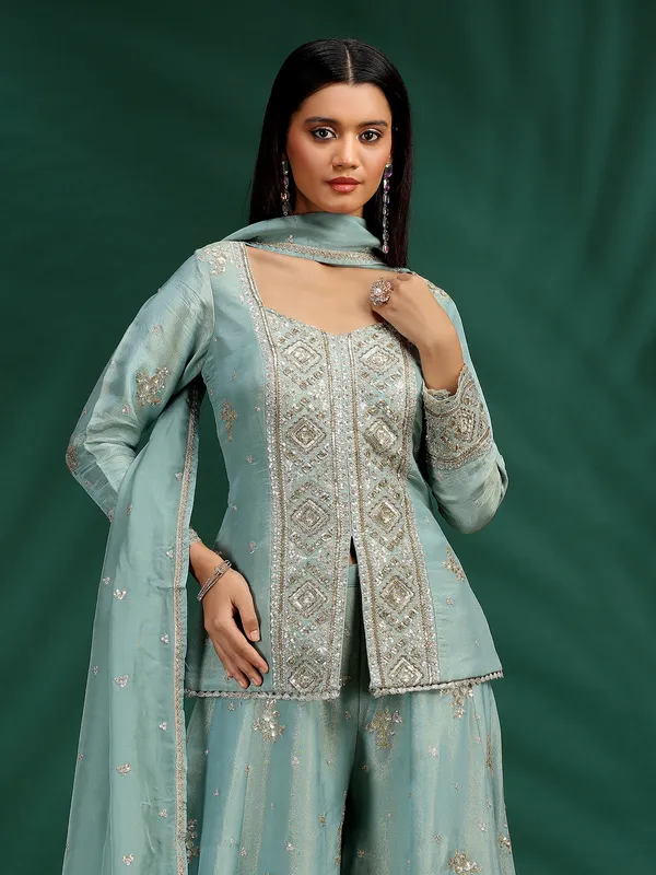 Pastel sky blue silk palazzo suit for women