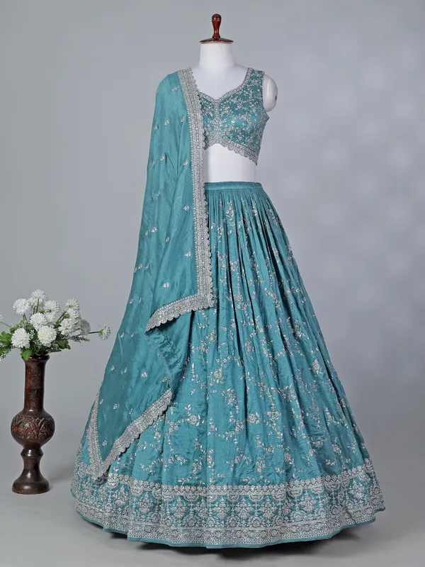Pastel sky blue silk sweetheart lehenga choli