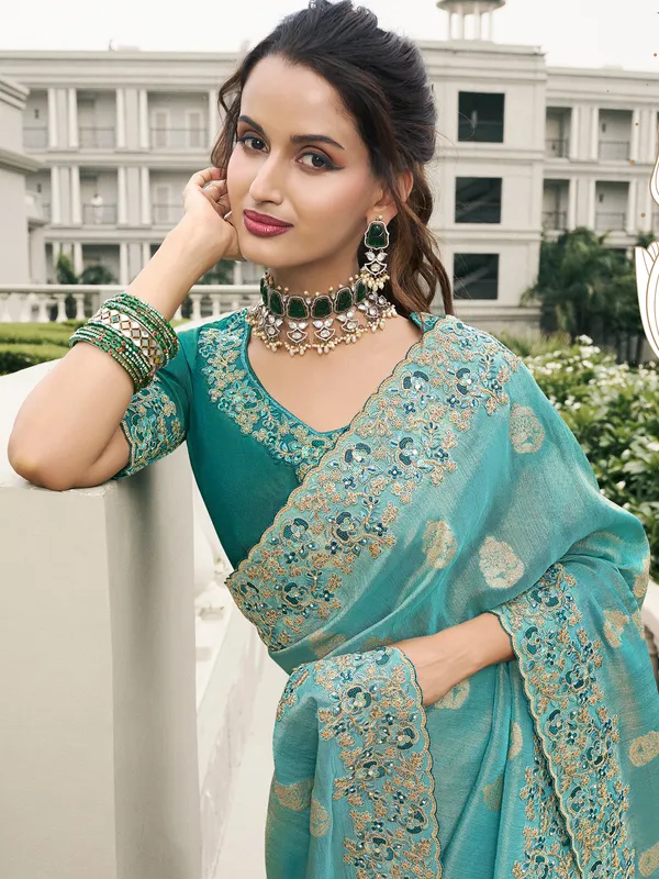 Pastel sky blue tissue silk saree with subtle detailing