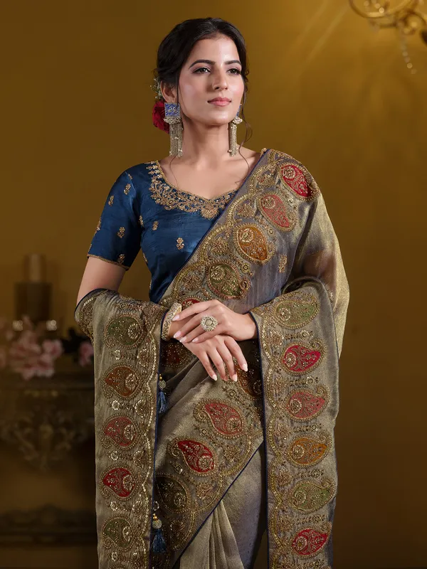 Pastel teal blue organza saree for weddings