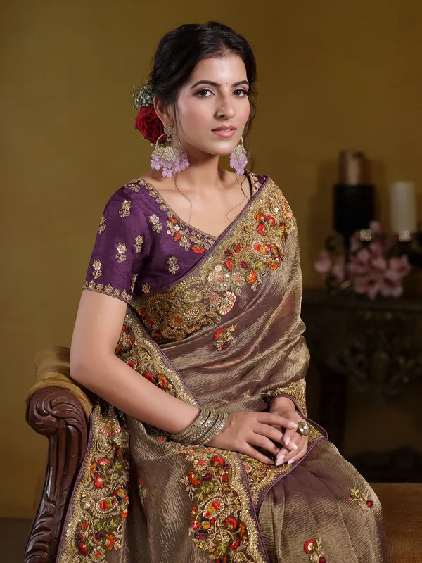 Pastel wine banarasi saree with zardosi work