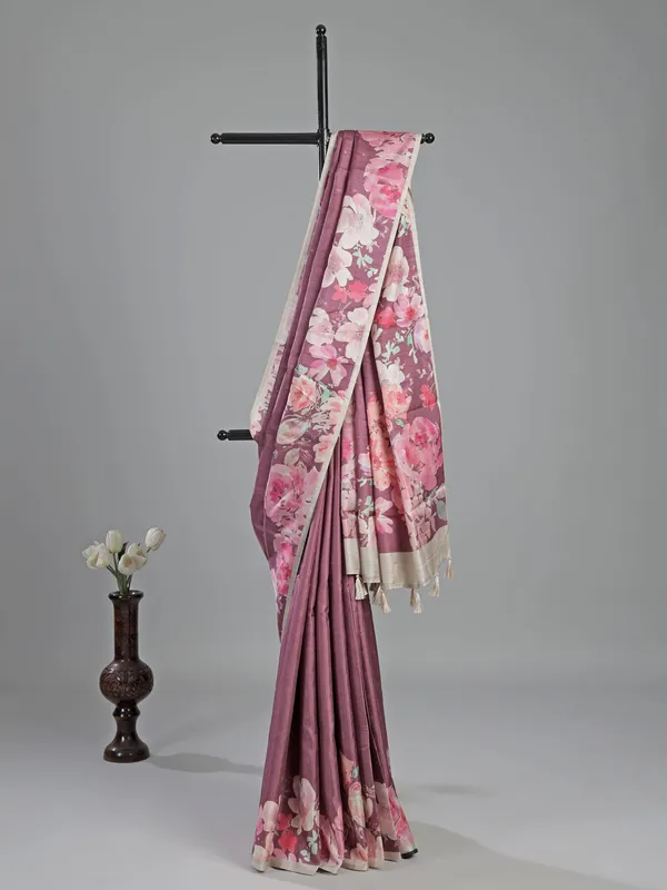 Pastel wine silk saree with printed