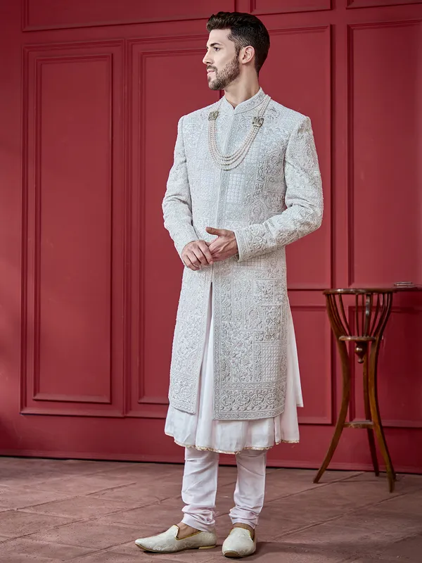Pastle pink silk grooms sherwani
