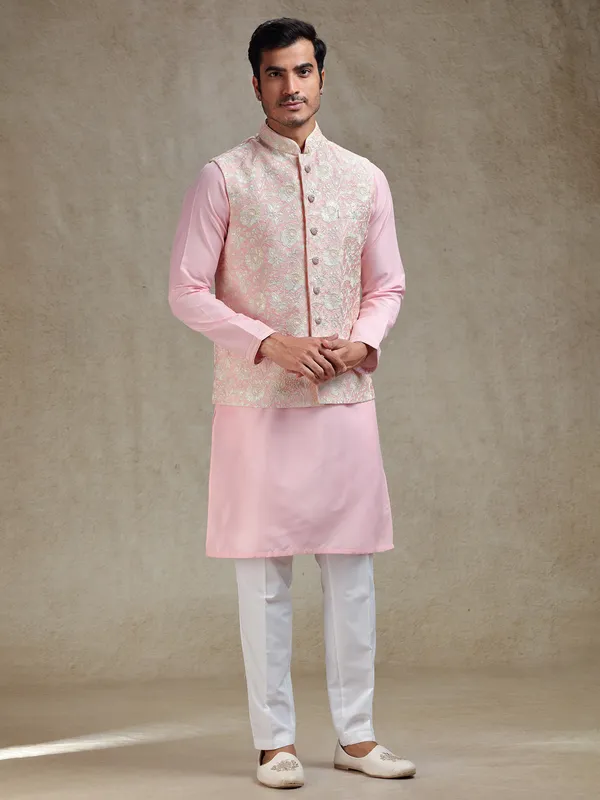 Pastle pink waistcoat set for festive charm