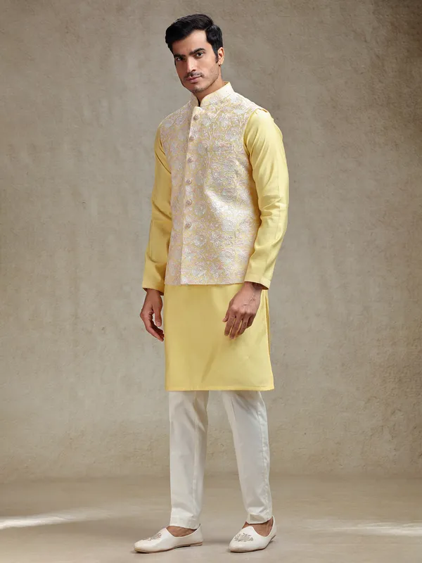 Pastle yellow waistcoat set for festive charm