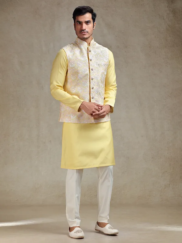 Pastle yellow waistcoat set for festive charm