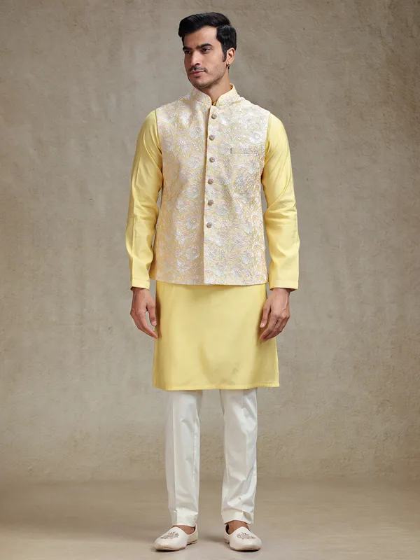 Pastle yellow waistcoat set for festive charm