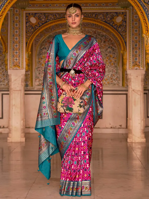 Patola printed magenta silk saree for wedding