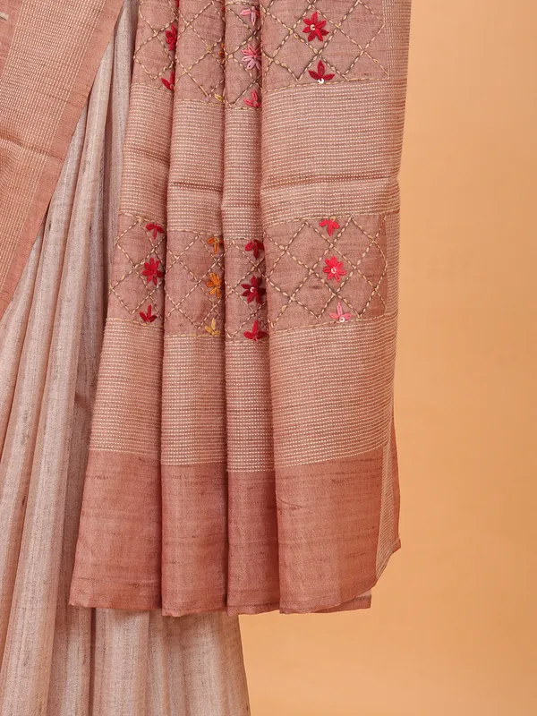 Peach and beige semi silk printed saree