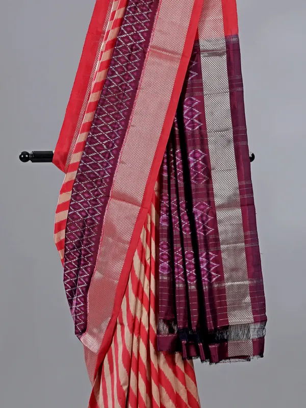 Peach and beige zari weaving patola silk Saree for wedding