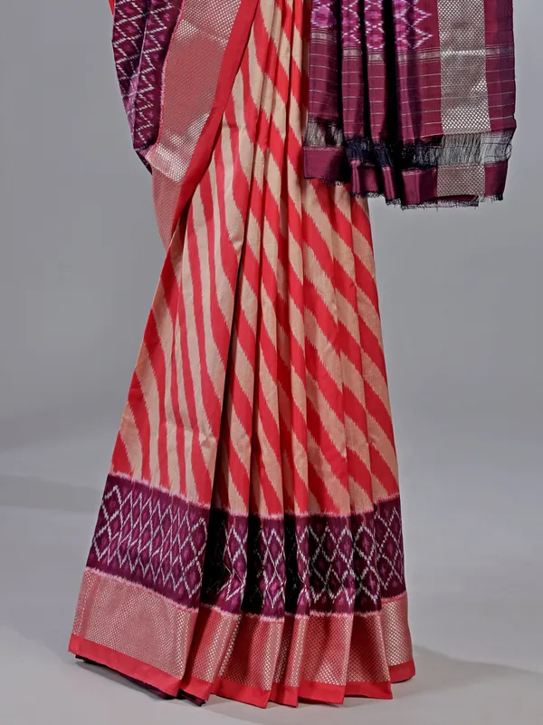 Peach and beige zari weaving patola silk Saree for wedding