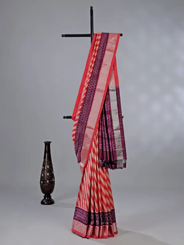 Peach and beige zari weaving patola silk Saree for wedding