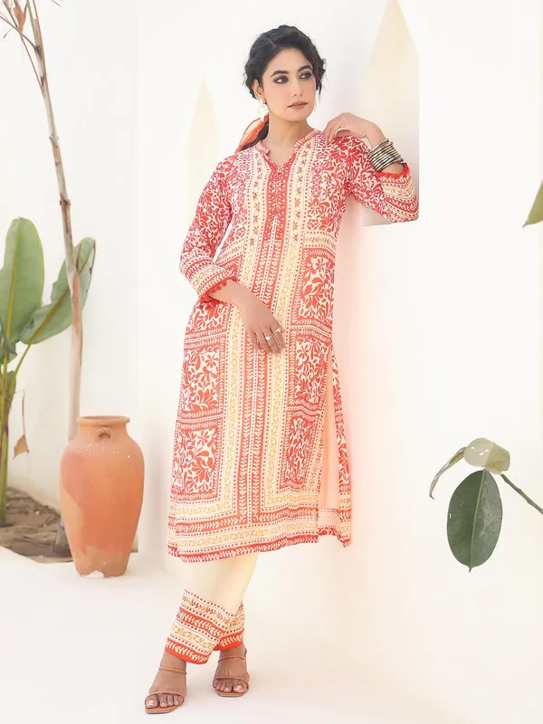 Peach and cream printed kurti set
