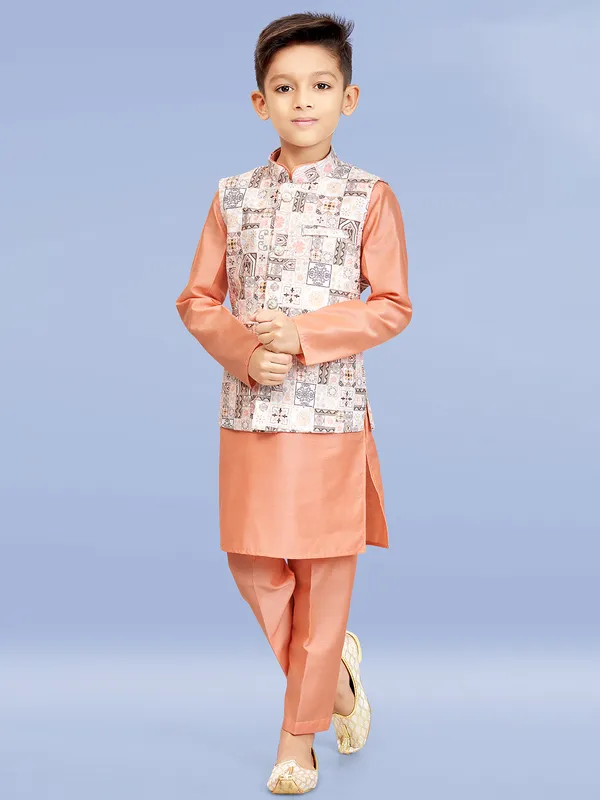 Peach and cream printed waistcoat set for boy