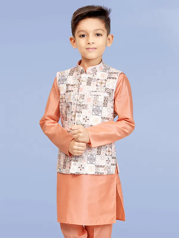Peach and cream printed waistcoat set for boy