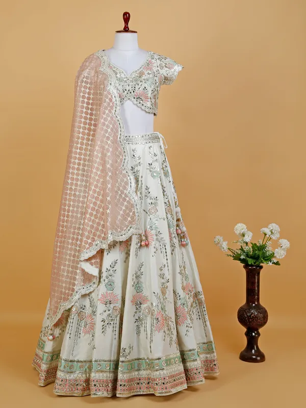 Peach and cream raw silk lehenga choli