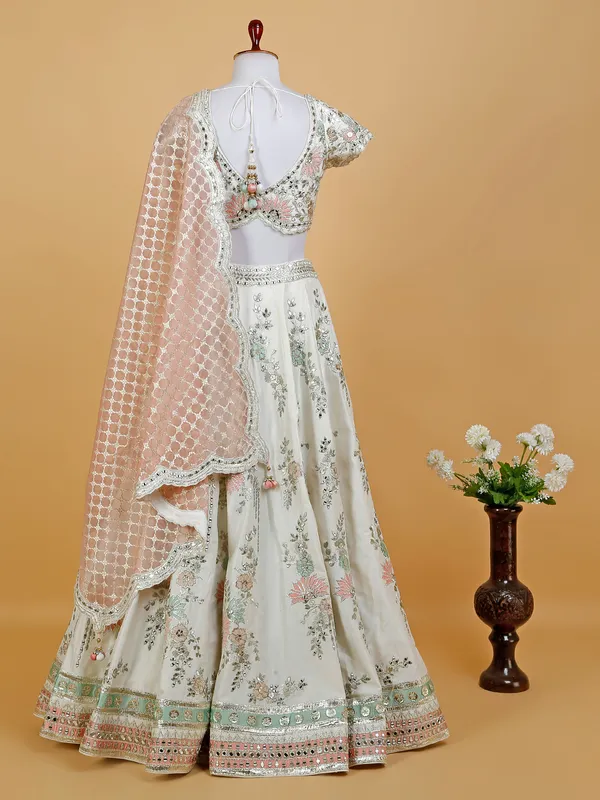 Peach and cream raw silk lehenga choli