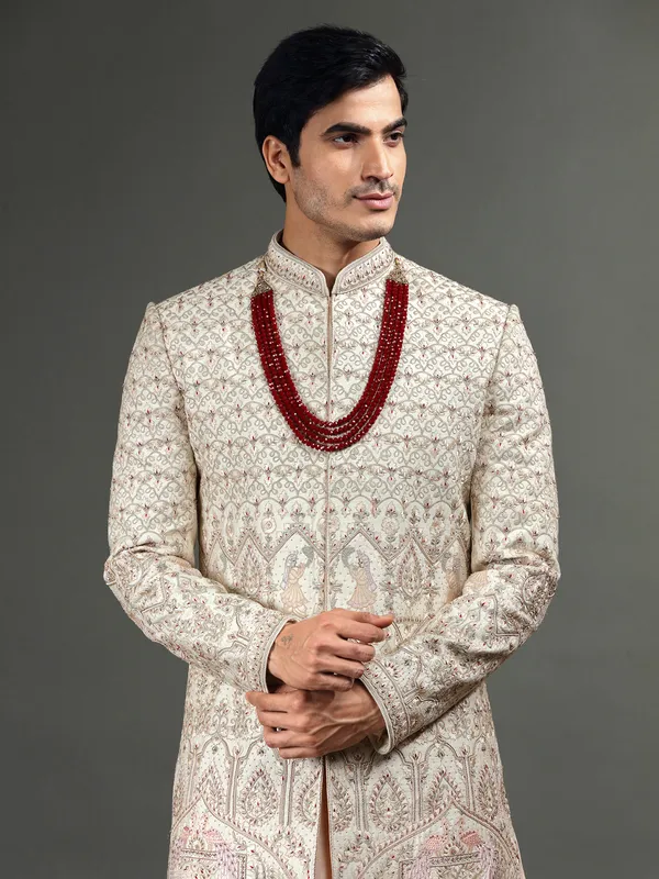 Peach and cream raw silk sherwani