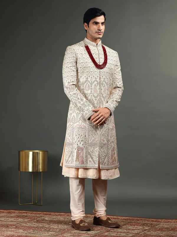 Peach and cream raw silk sherwani