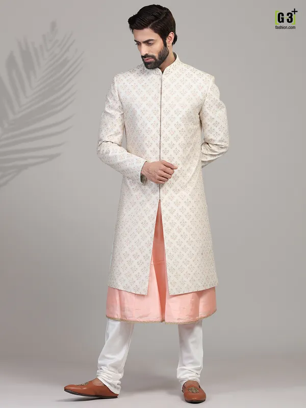 Peach and cream silk sherwani set