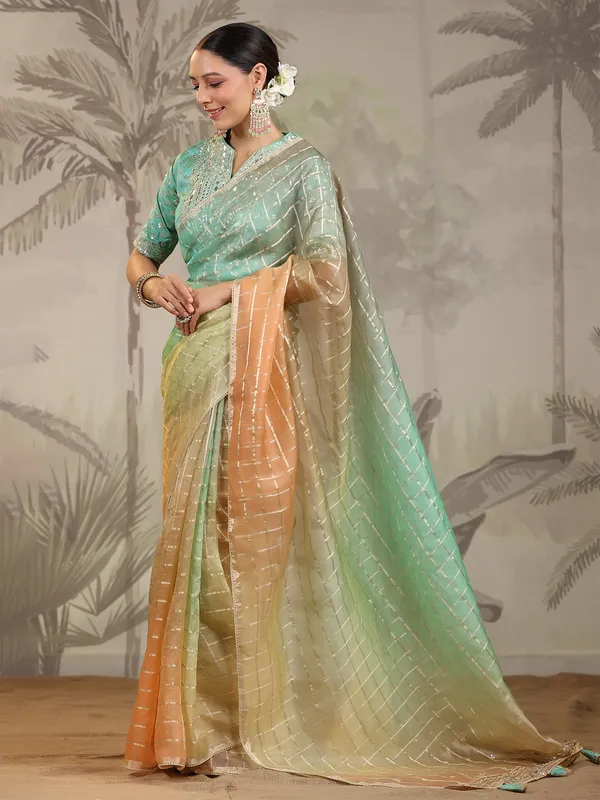 Peach and green organza saree