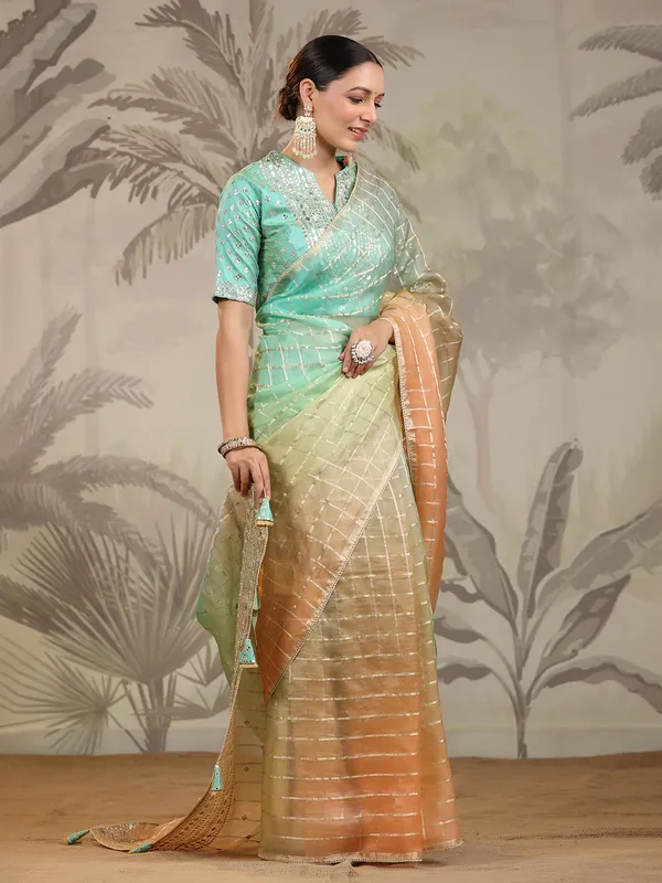 Peach and green organza saree