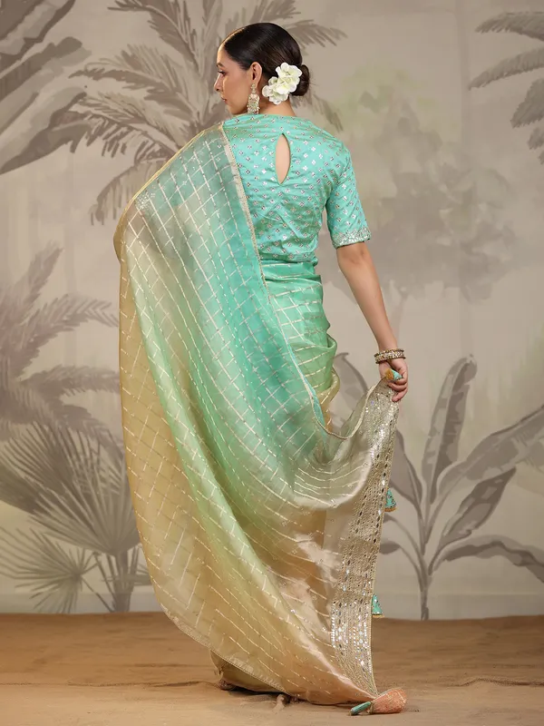 Peach and green organza saree