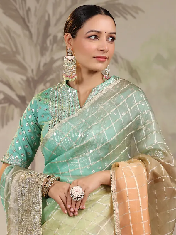 Peach and green organza saree