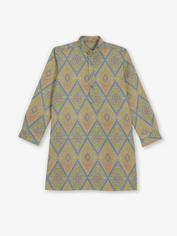 Peach and green printed cotton silk kurta