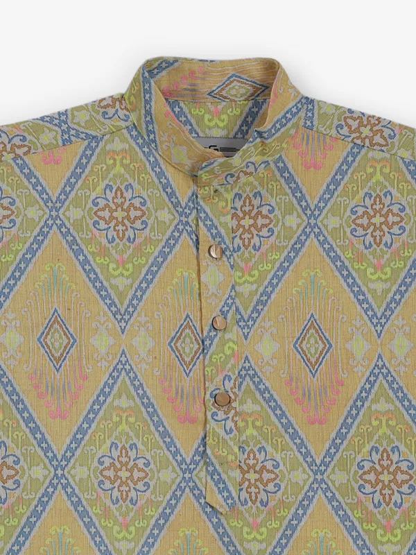 Peach and green printed cotton silk kurta