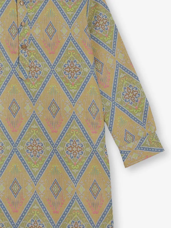 Peach and green printed cotton silk kurta