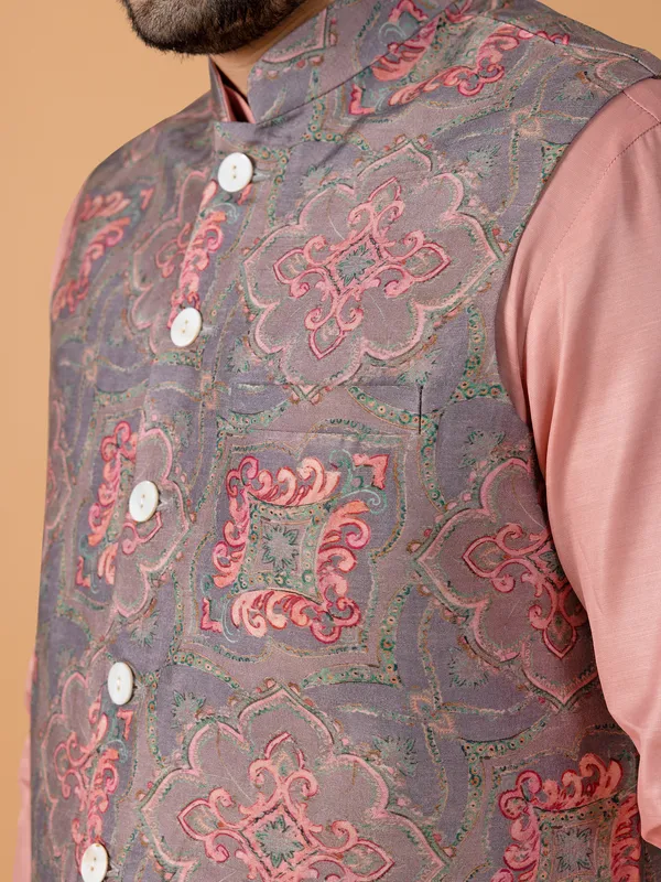 Peach and grey printed cotton waistcoat set