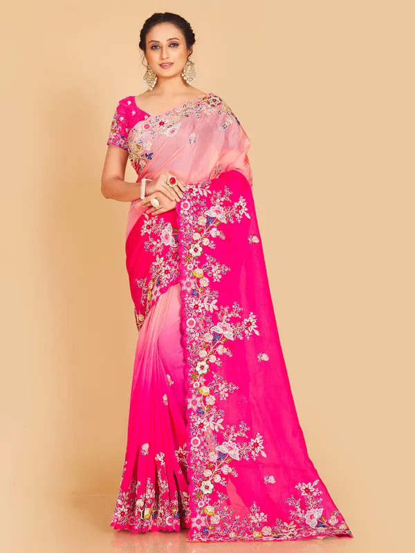 Peach and magenta semi organza saree