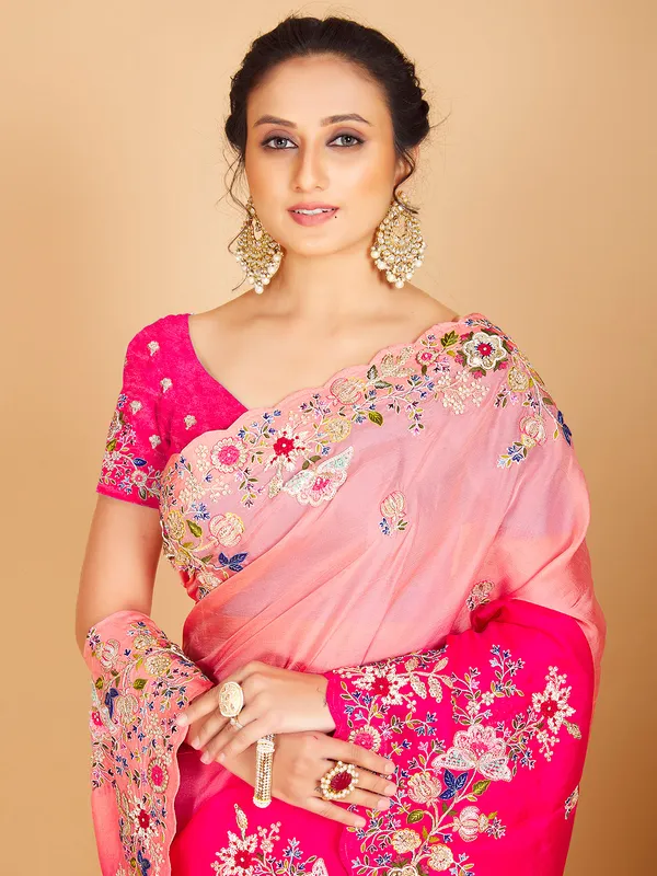 Peach and magenta semi organza saree