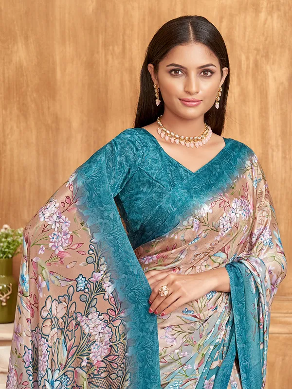 Peach and rama blue printed crepe saree