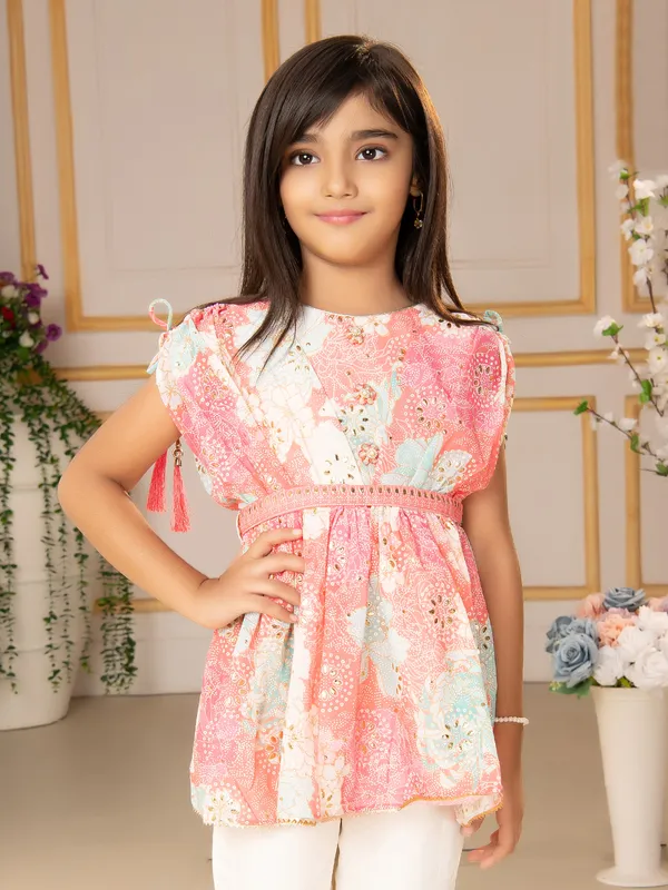 Peach and white printed sharara suit
