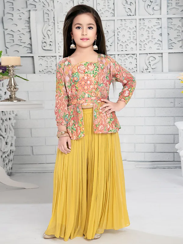 Peach and yellow georgette jacket style palazzo suit