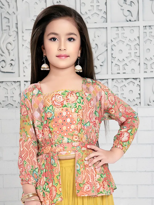Peach and yellow georgette jacket style palazzo suit