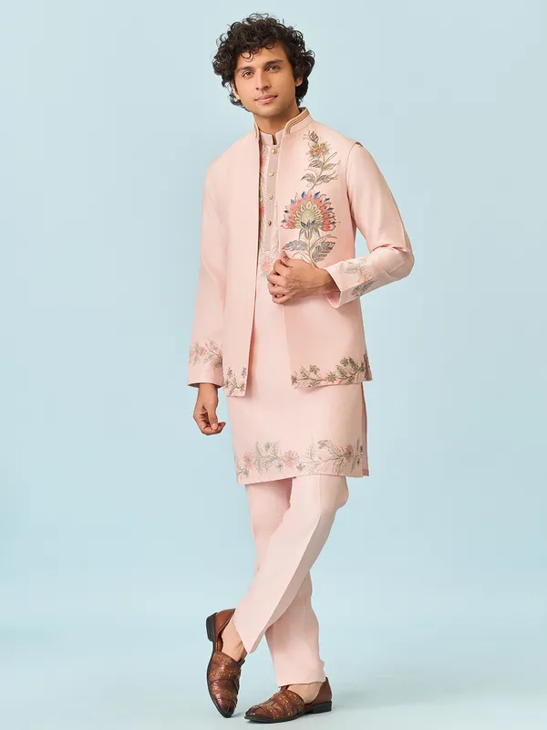 Peach artistry printed silk waistcoat set for men