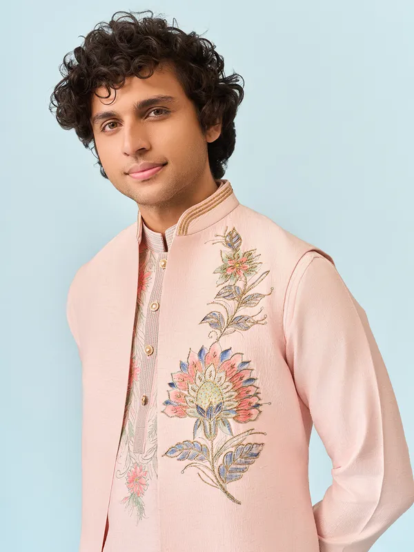 Peach artistry printed silk waistcoat set for men