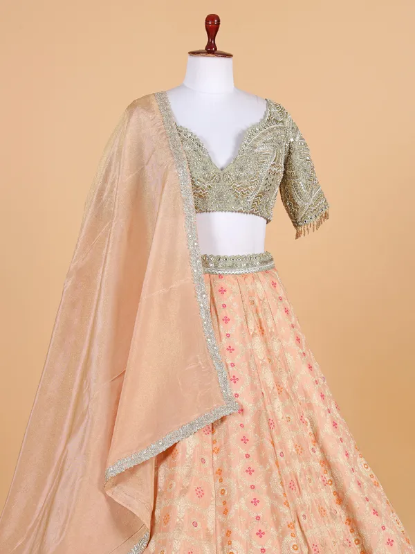 Peach banarasi silk lehenga choli with dupatta
